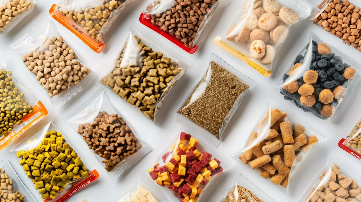 Eine Sammlung von Nass- und Trockenfutterverpackungen für Haustiere mit einer ausgewogenen, nährstoffreichen Rezeptur vor einem weißen Hintergrund,