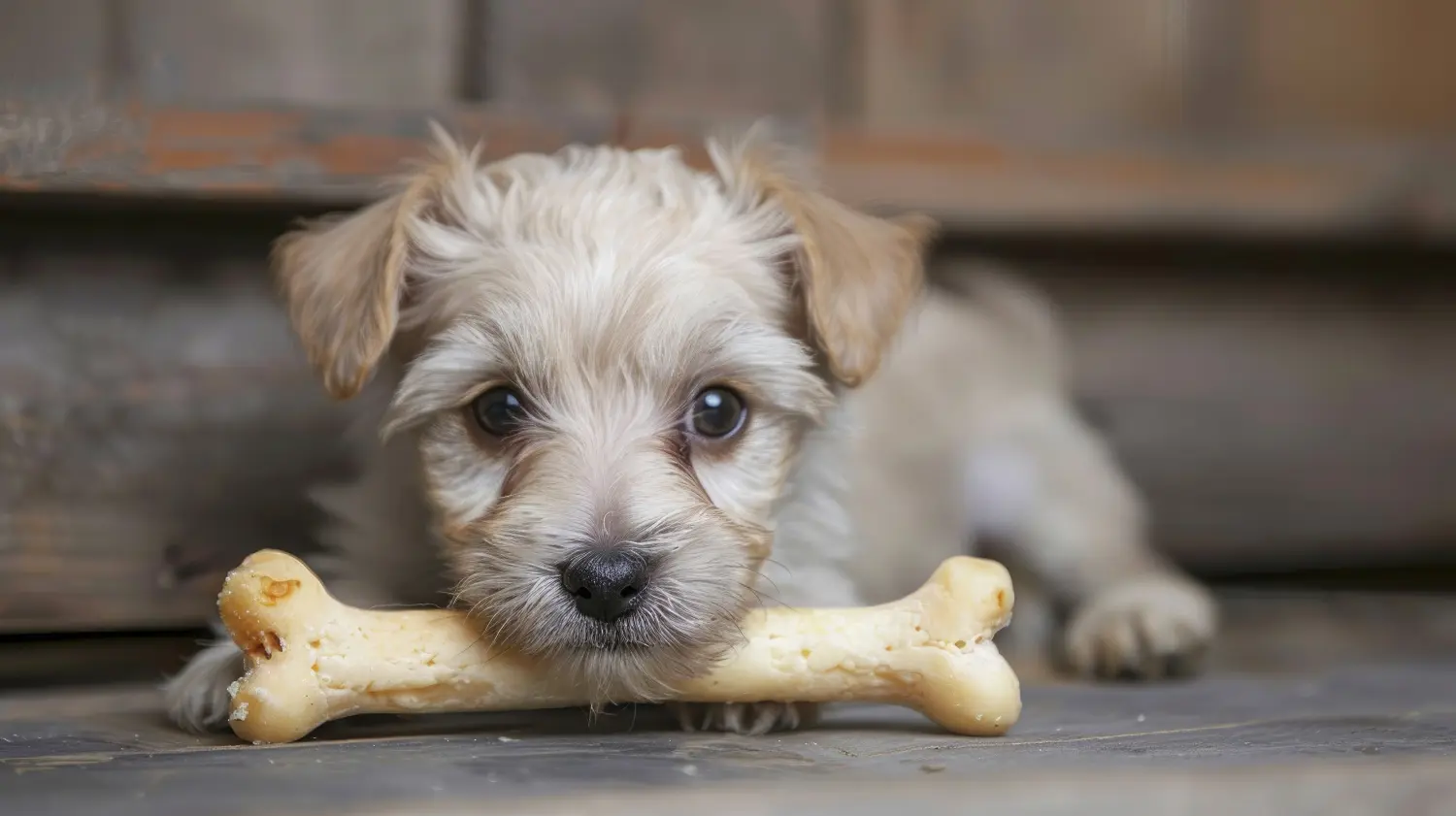 Liebenswerter 8 Wochen alter Terrier-Mix Welpe mit einem Knochen